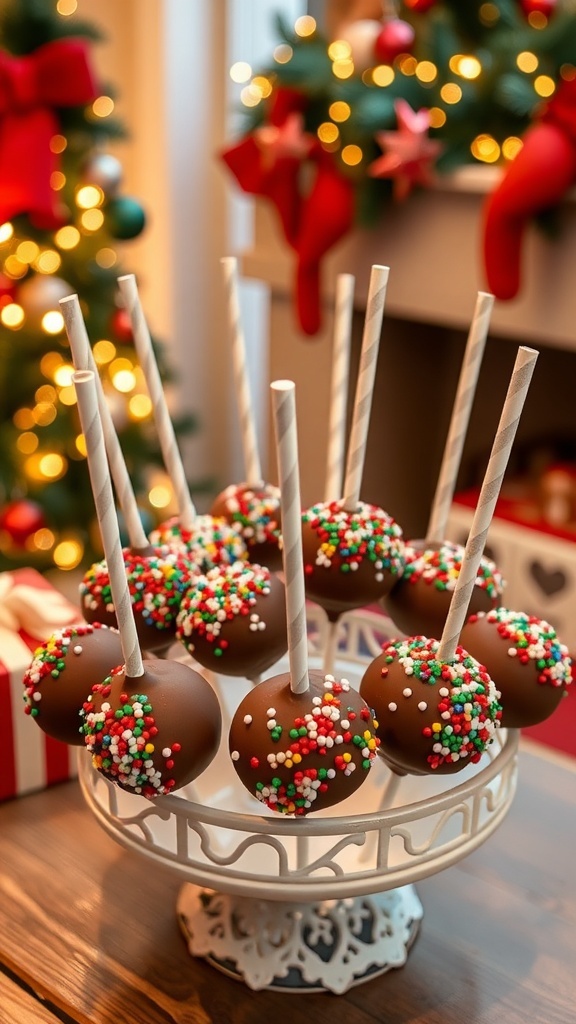 A variety of decorated Christmas cake pops on a stand, showcasing colorful sprinkles and chocolate coating.